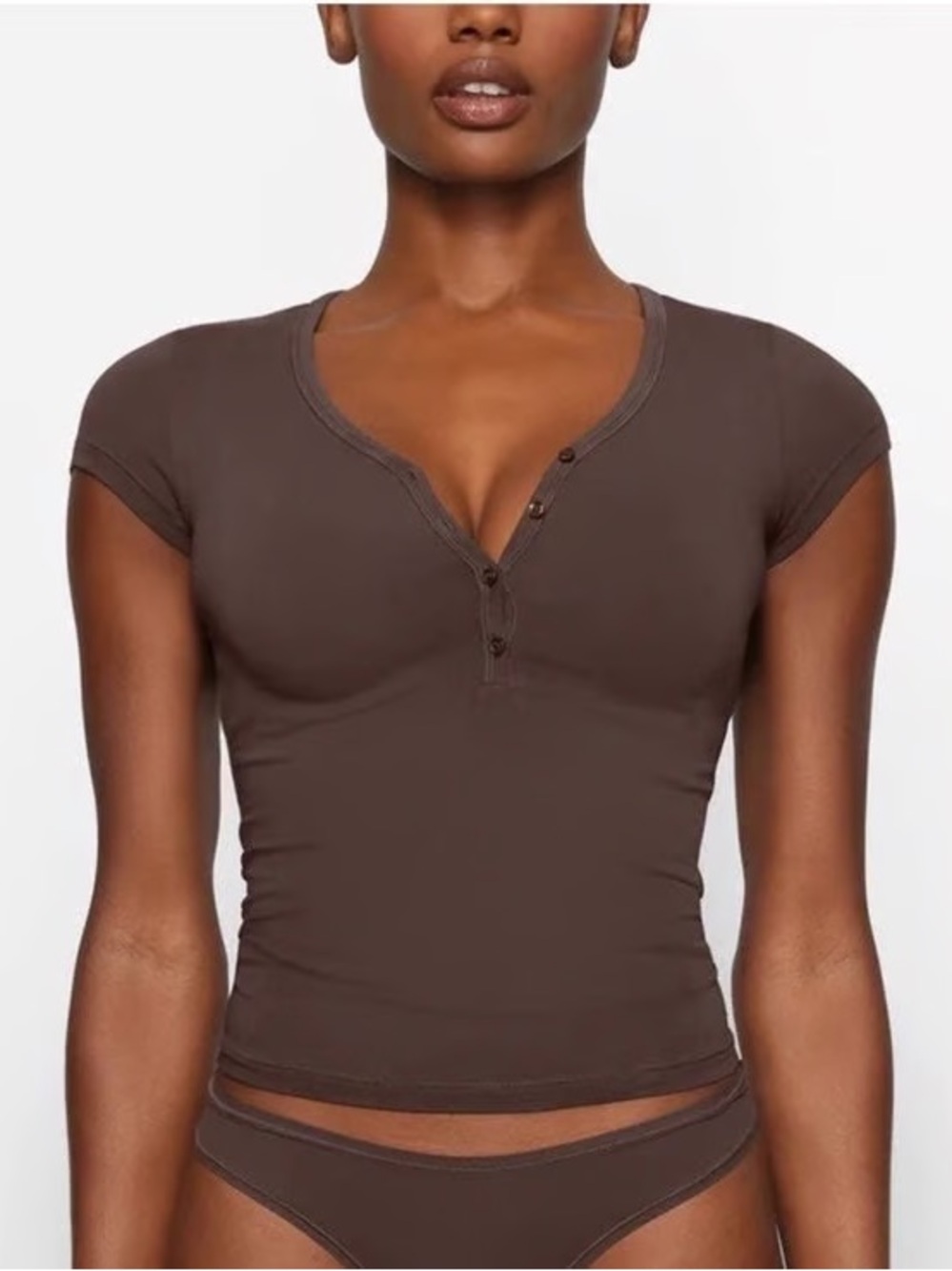 New Skims Army Green Olive Henley V-Neck Short Sleeve Top Small - Picture 2 of 2